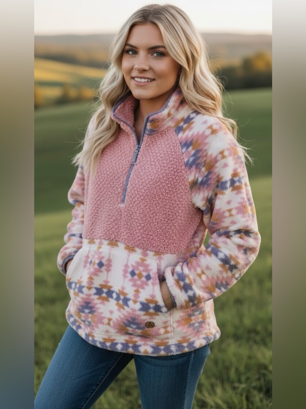 Simply Southern Fleece Pullover with Pink and White Aztec Pattern
